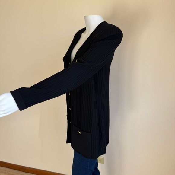 St. John Collection Black Santana Knit Sweater Blazer Gold Buttons Pockets Sz 8 - Picture 5 of 10